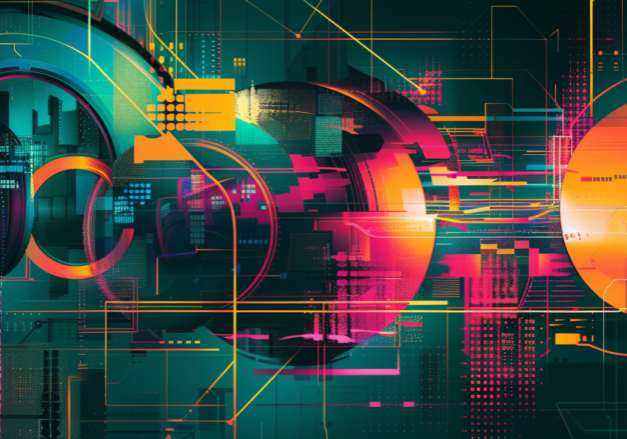 Futuristic abstract digital art representing SaaS innovation, using vibrant colors and dynamic geometric shapes to create a sense of energy and transformation in software technology, with a composition that draws the eye